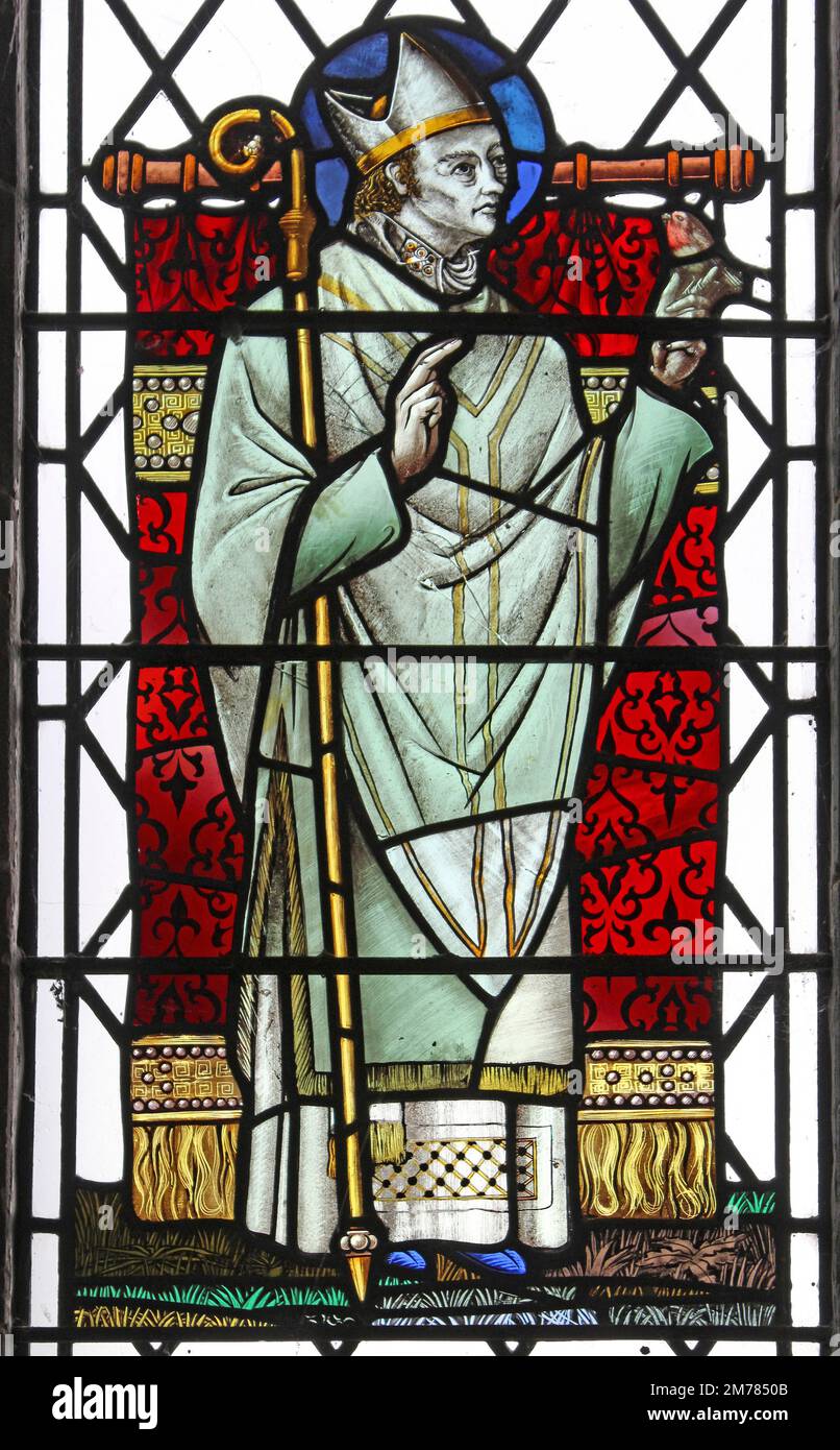 Stained Glass Window Depicting St Kentigern a.k.a. St Mungo - St Hilary's Church Wallasey, Wirral, UK Stock Photo