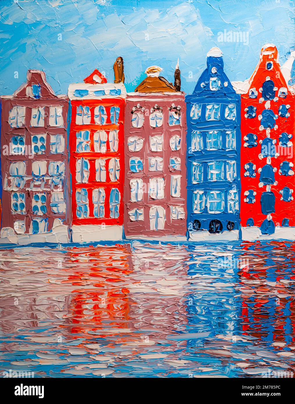 Colorful Amsterdam cityscape oil painting. High quality illustration