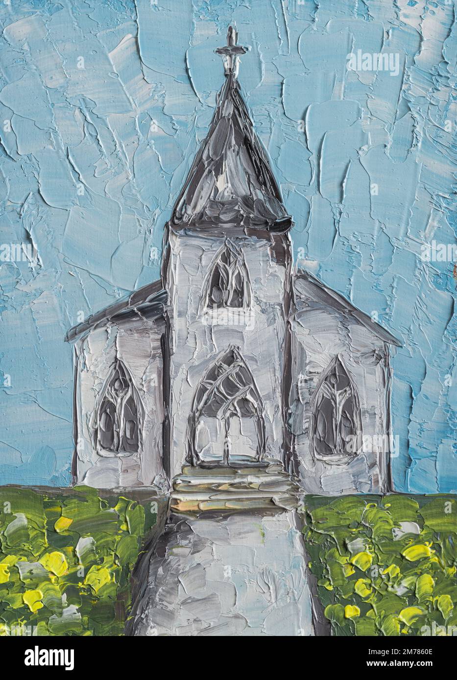 Little White Country Church oil painting. High quality illustration