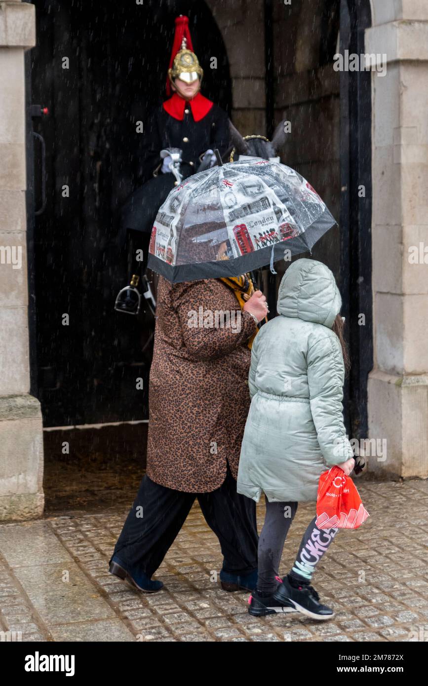 Whitehall, Westminster, London, UK. 8th Jan, 2023. Heavy rain has hit the tourist areas of