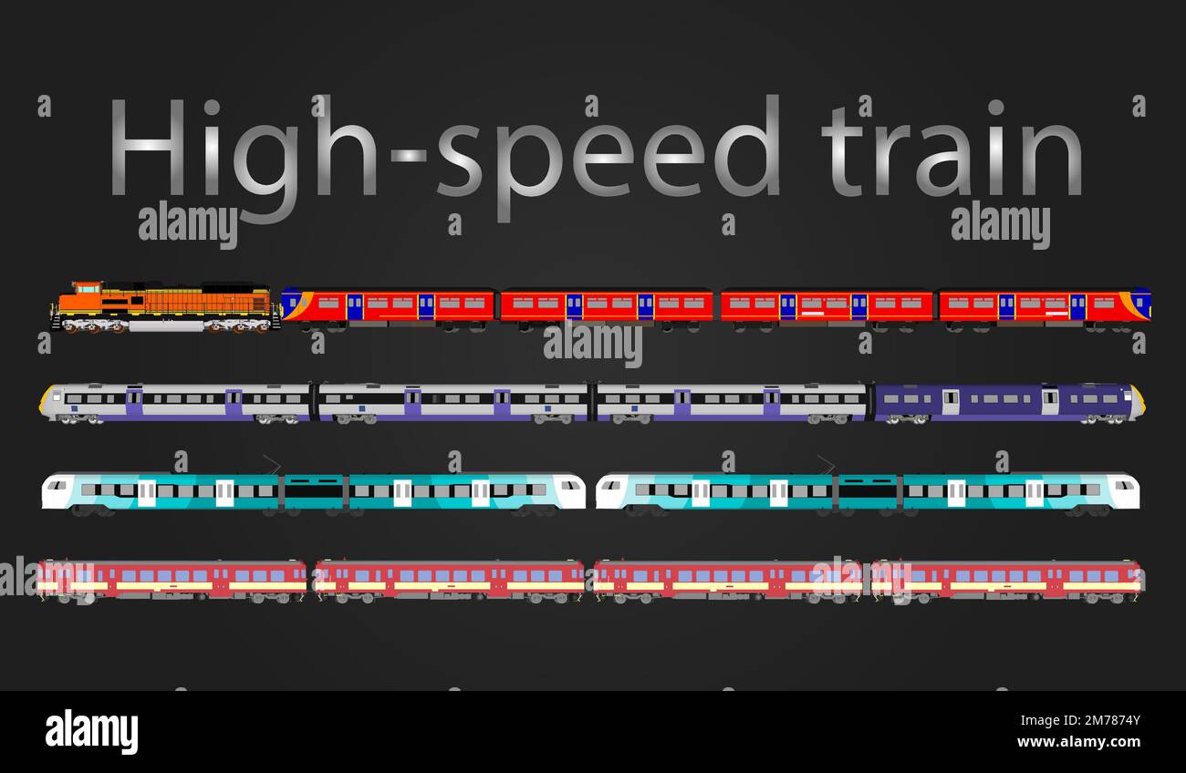 Isolated blueprint of blue modern train. Side, top and front views