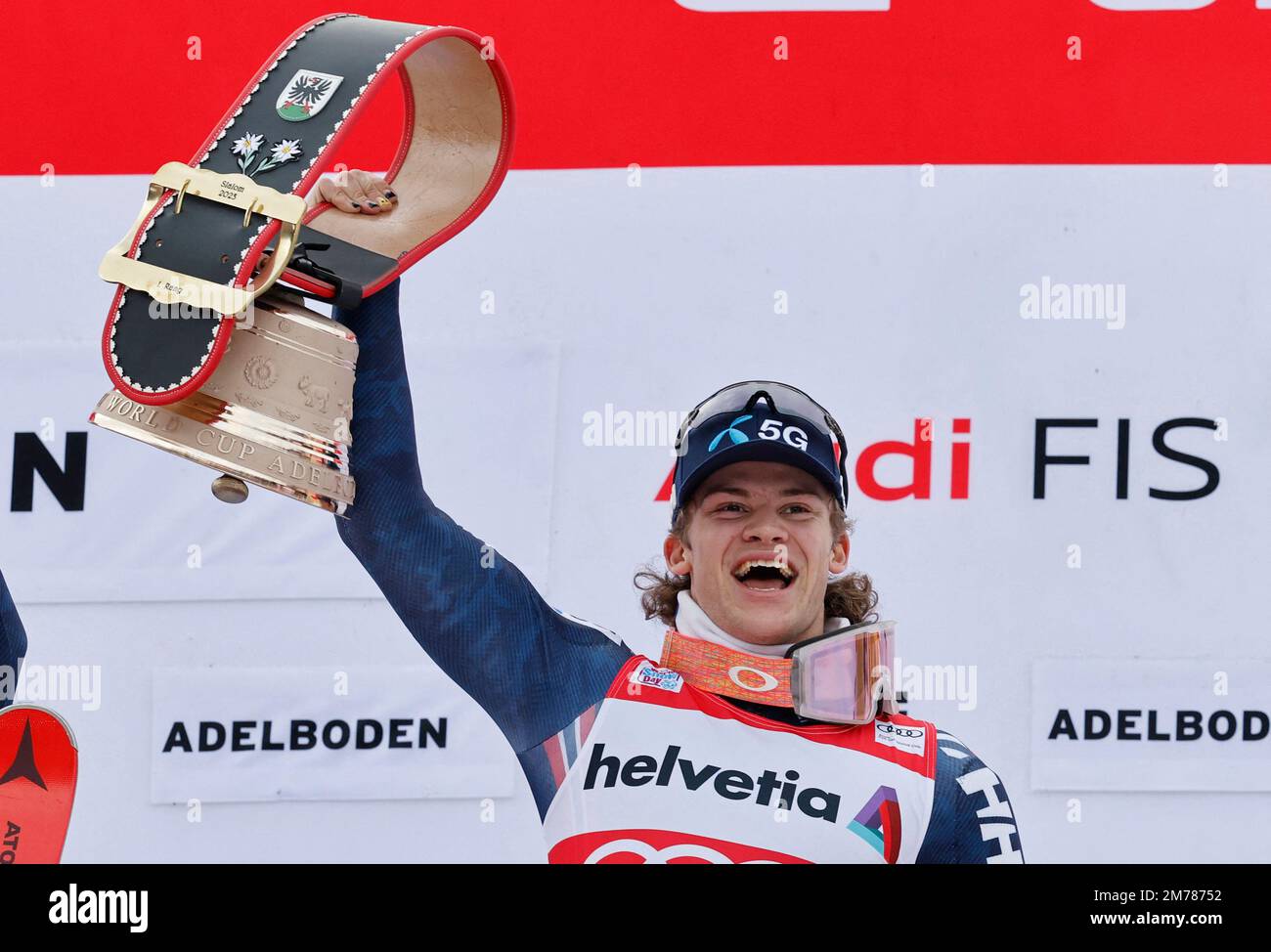Alpine Skiing - FIS Alpine Ski World Cup - Men's Slalom - Adelboden, Switzerland - January 8, 2023 Norway's Lucas Braathen celebrates with the trophy after winning REUTERS/Stefan Wermuth Stock Photo