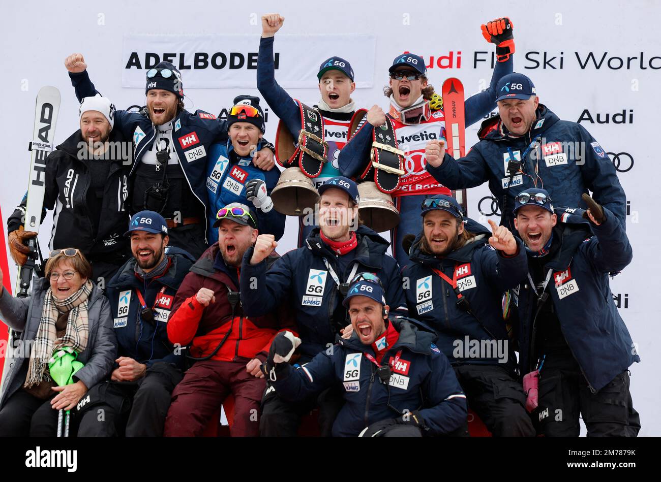 Alpine Skiing - FIS Alpine Ski World Cup - Men's Slalom - Adelboden, Switzerland - January 8, 2023 Norway's Lucas Braathen celebrates with the trophy after winning alongside teammtes REUTERS/Stefan Wermuth     TPX IMAGES OF THE DAY Stock Photo