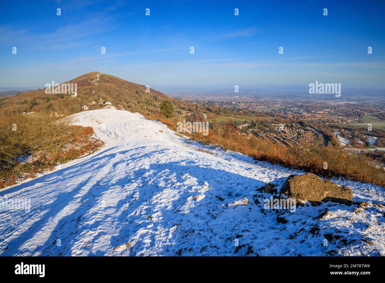 The Wyche and Worcestershire Beacon from Perseverance Hill in the winter snow, Worcestershire, England Stock Photo