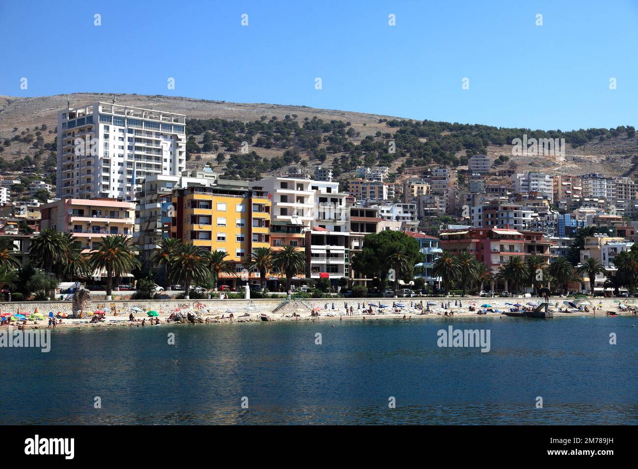 Summer view of the beach and promenade, Saranda Town, Albania, Europe Stock Photo