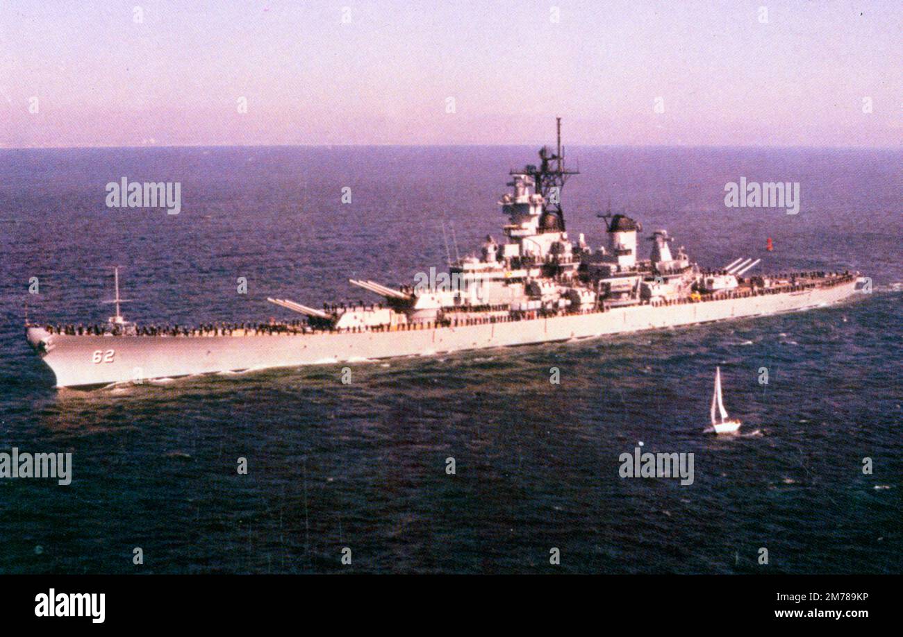 USS New Jersey (BB-62) is an Iowa-class battleship, and was the second ship of the United States Navy to be named after the US state of New Jersey. She was often referred to fondly as 'Big J'. New Jersey earned more battle stars for combat actions than the other three completed Iowa-class battleships, and was the only US battleship providing gunfire support during the Vietnam War. Stock Photo