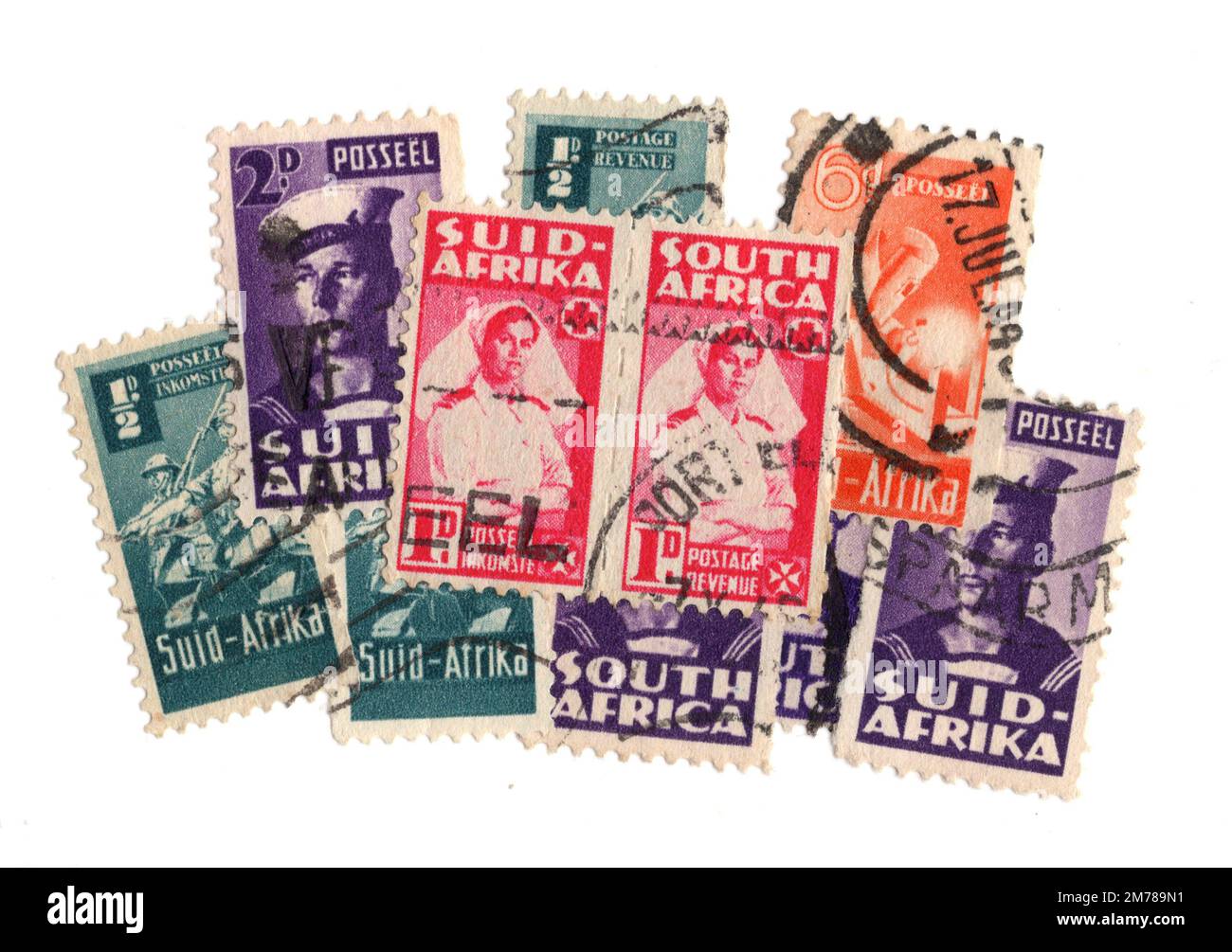 Vintage used postage stamps from South Africa isolated on a white