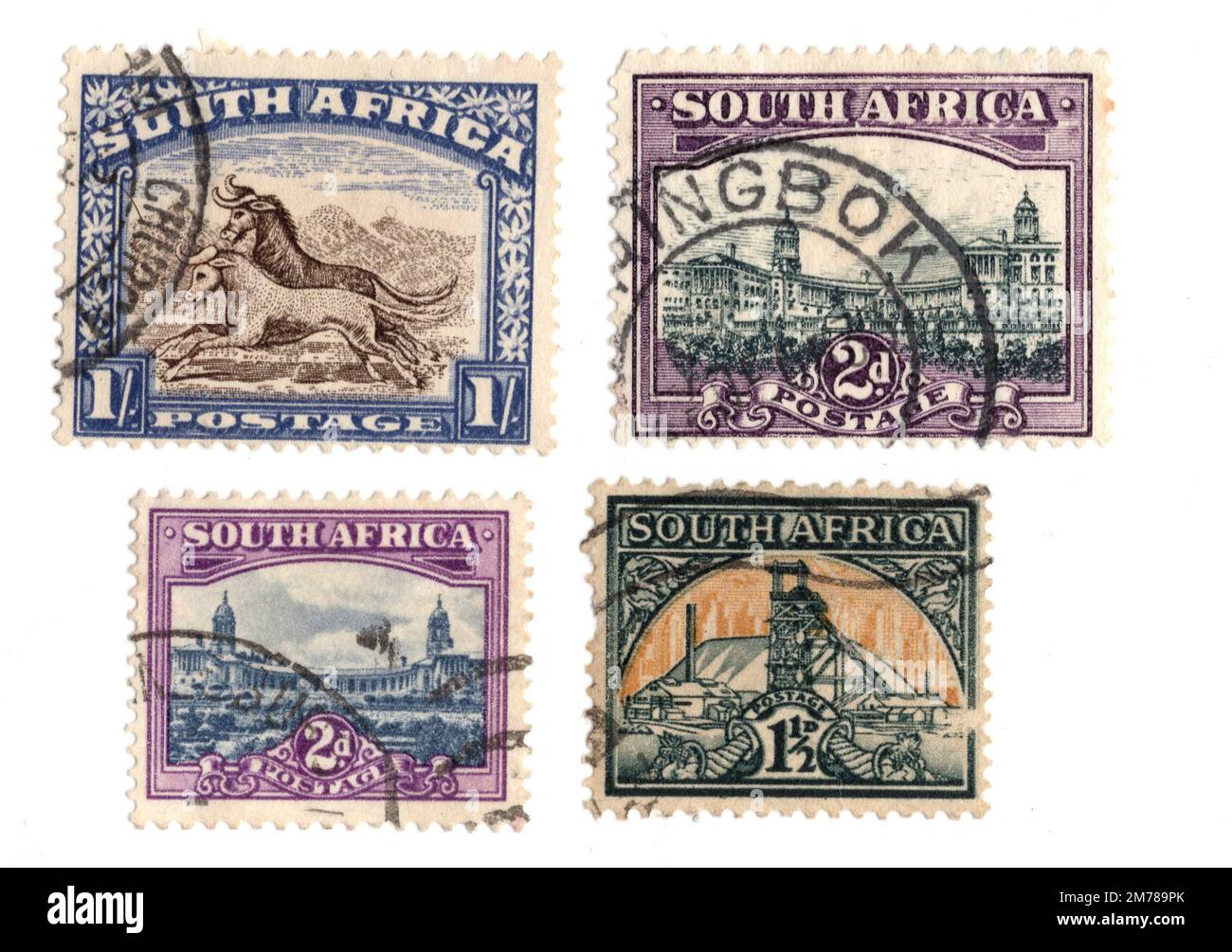 Vintage used postage stamps from South Africa isolated on a white
