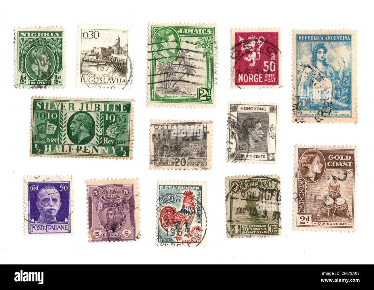 Vintage used postage stamps from around the world isolated on a white