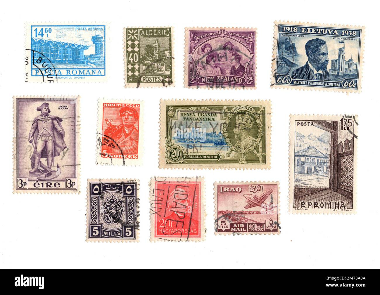 Vintage used postage stamps from around the world isolated on a white