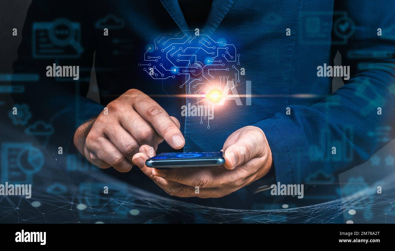 artificial intelligence, ai on phone. businessman manage business with