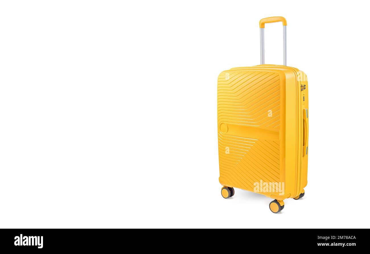 Yellow plastic travel suitcase with zipper, handle and lock white background isolated close up front view, large plastic baggage case, luggage trolley Stock Photo