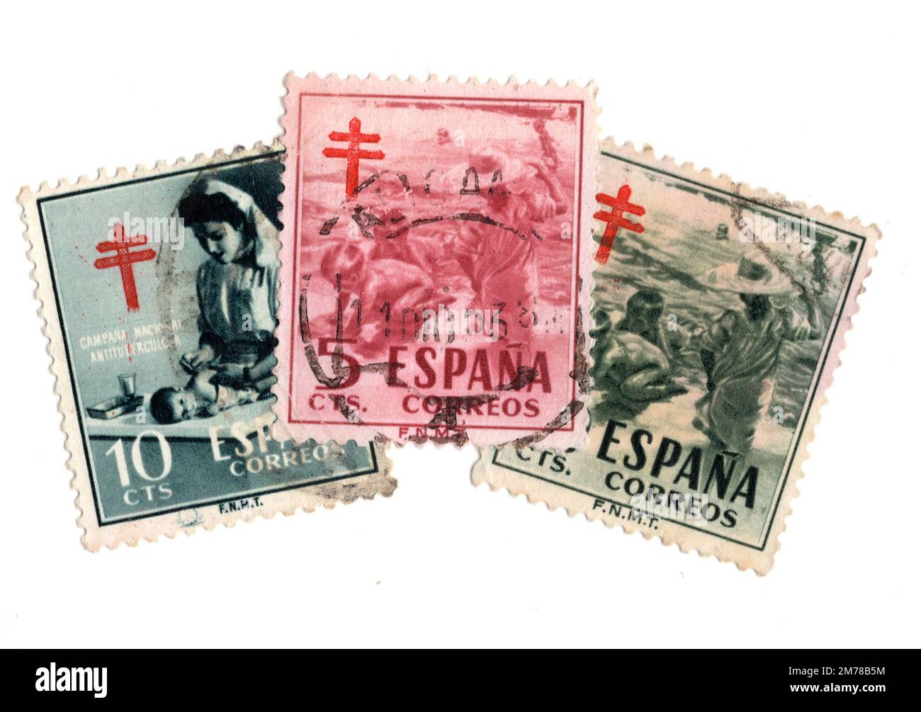 Vintage used postage stamps from Spain isolated on a white background. Stock Photo