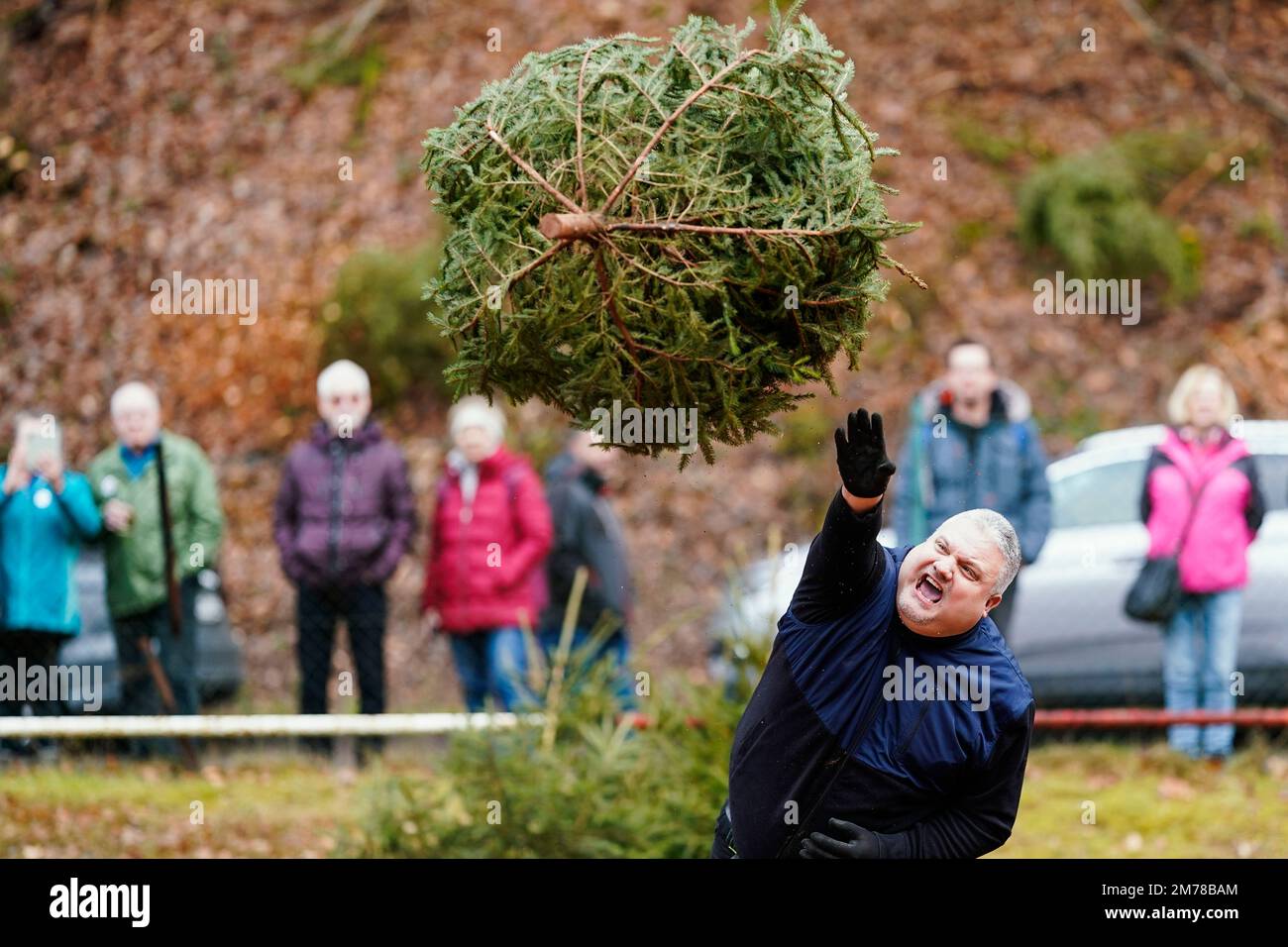 Weidenthal, Germany. 08th Jan, 2023. A participant throws a spruce on