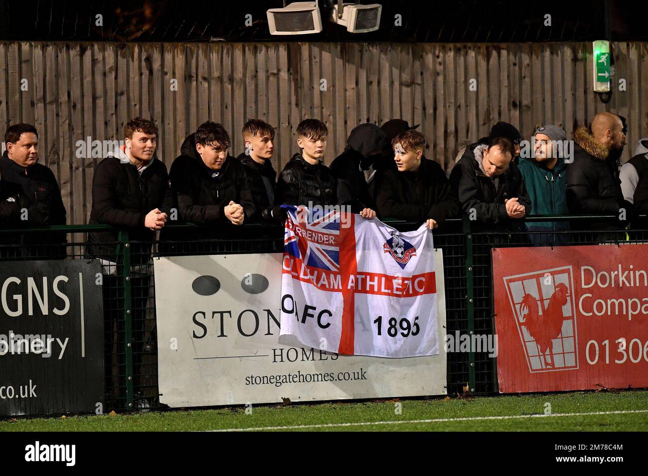 Oldham Athletic Association Football Club fans during the Vanarama National League match between Dorking Wanderers and Oldham Athletic at the Meadowbank Football Ground, Mill Lane, Dorking, England on Saturday 7th January 2023. (Credit: Eddie Garvey | MI News) Credit: MI News & Sport /Alamy Live News Stock Photo
