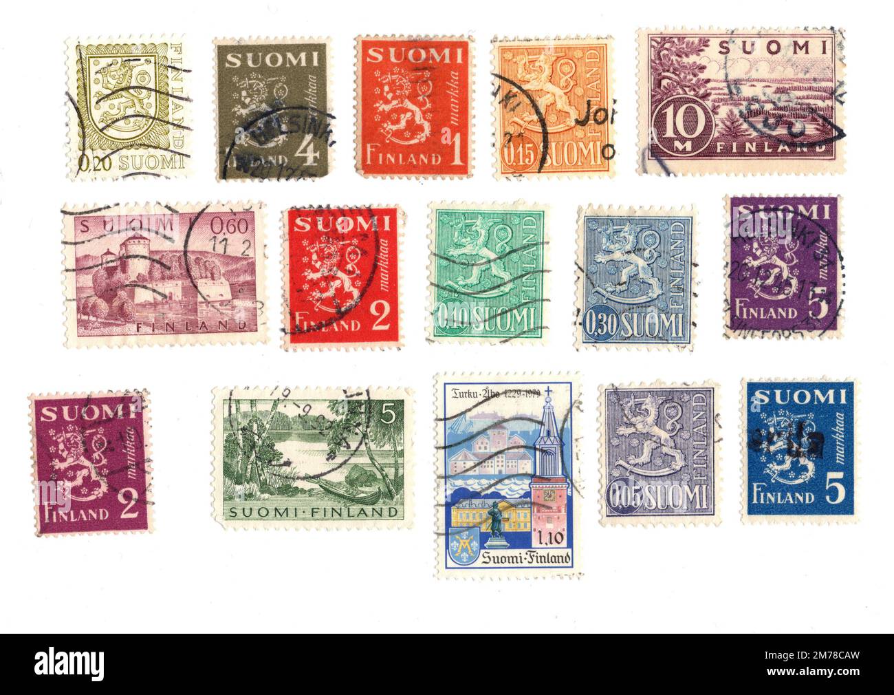 Vintage used postage stamps from Finland isolated on a white background