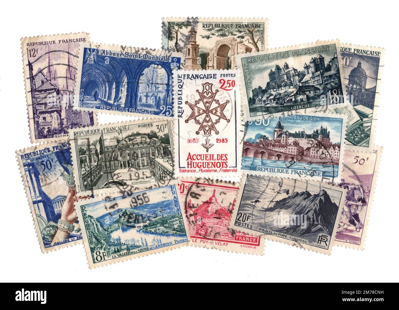 Vintage used postage stamps from France isolated on a white background