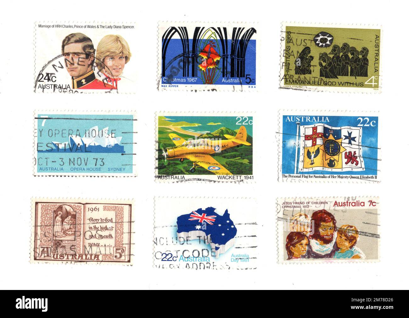 Vintage used postage stamps from Australia isolated on a white ...