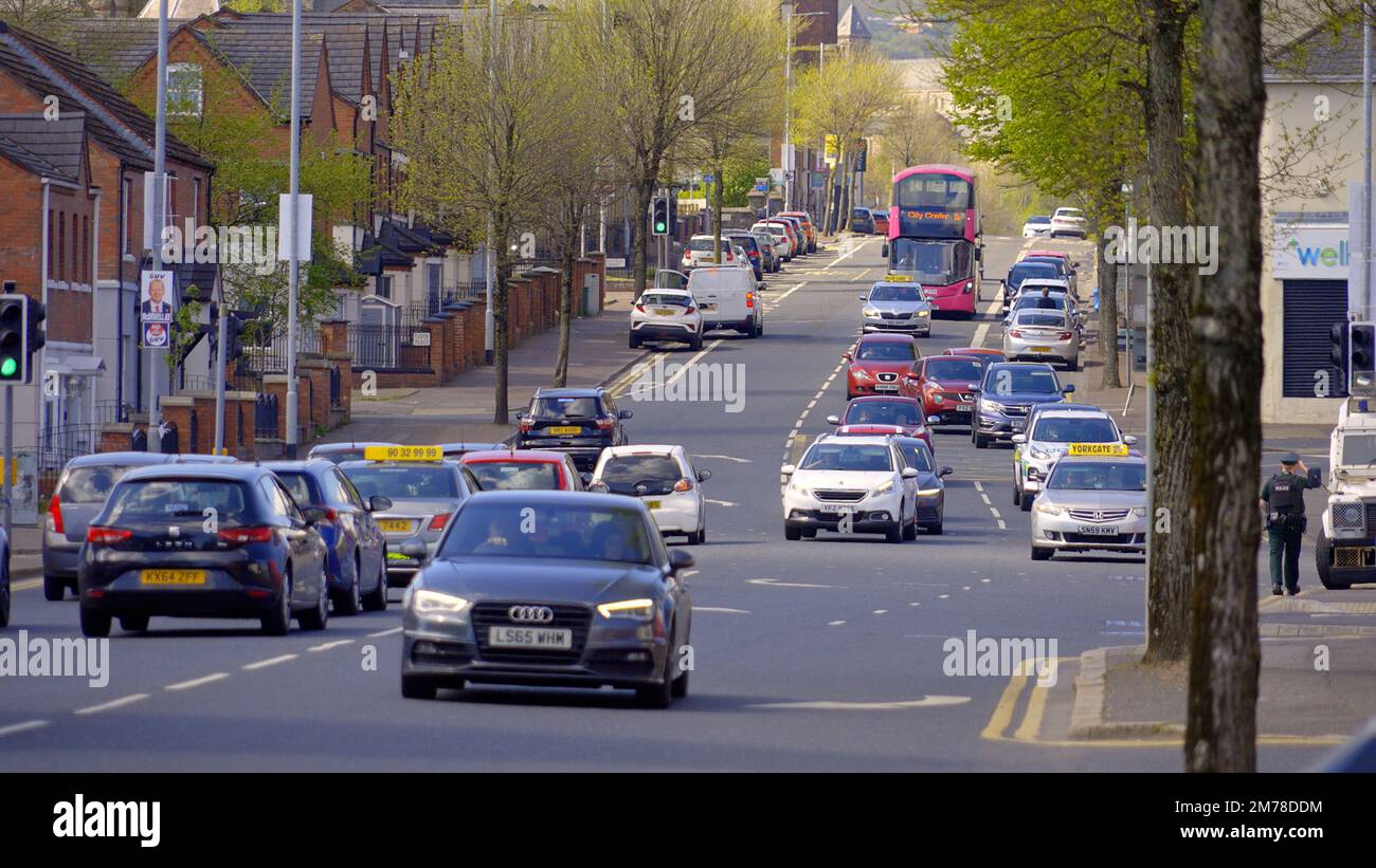 Traffic in the streets of Belfast Crumlin Road BELFAST, UK APRIL