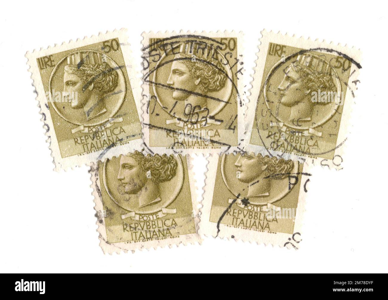 Vintage postage stamps from Italy isolated on a white background. Stock Photo