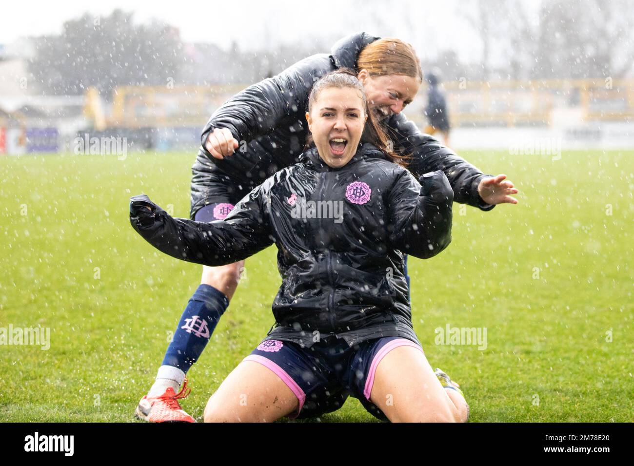 London, UK. 8th January, 2023. Sophie Manzi of Dulwich Hamlet Women performs a knee slide after
