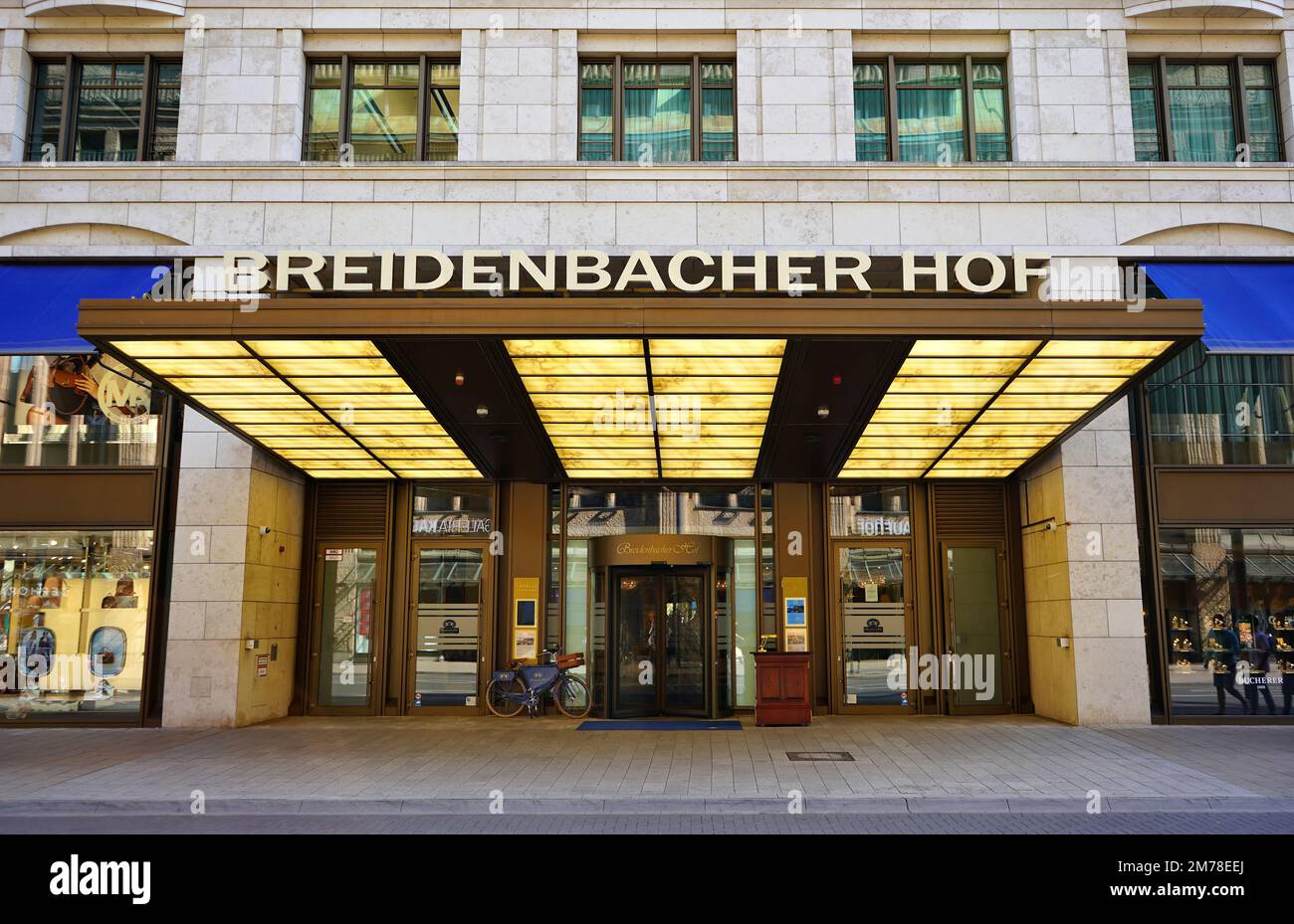Front view of the luxury hotel „Breidenbacher Hof“ at Königsallee in Düsseldorf/Germany. The hotel has a tradition of more than 200 years. Stock Photo