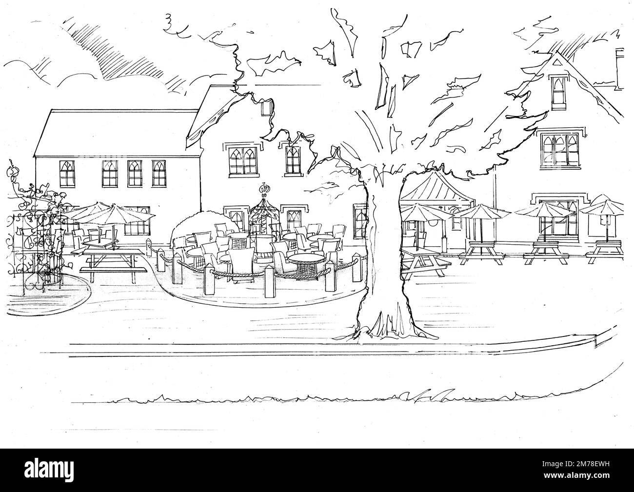 Black and white sketch for the outside of a hotel on a white background