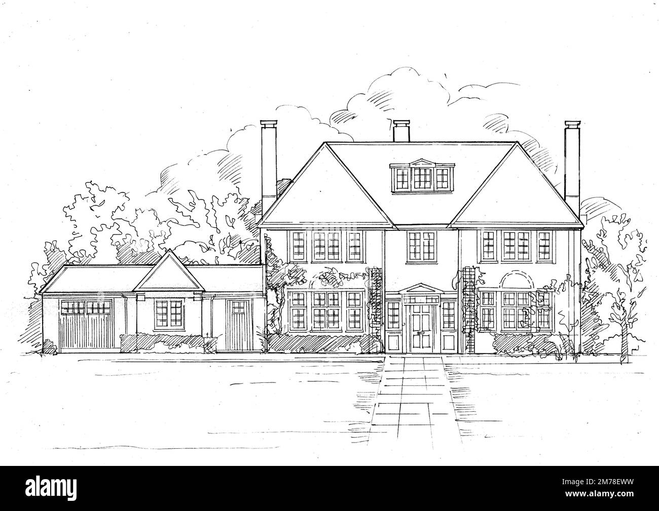 Black and white sketch for the outside of a house on a white background