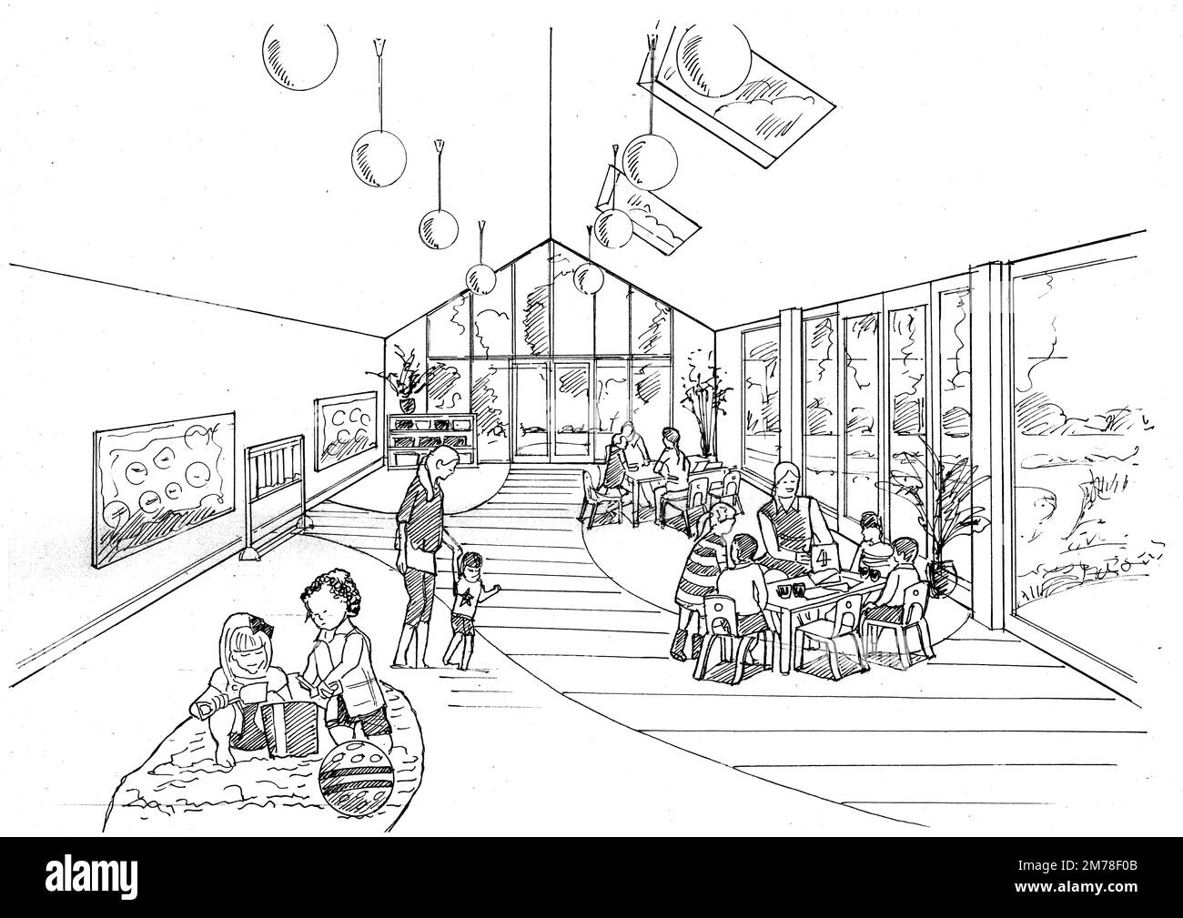 black-and-white-sketch-of-a-nursery-school-interior-on-a-white