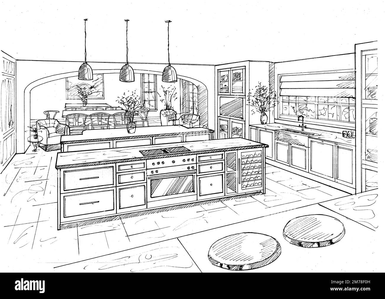 Black and white sketch of a country kitchen interior on a white background. Stock Photo