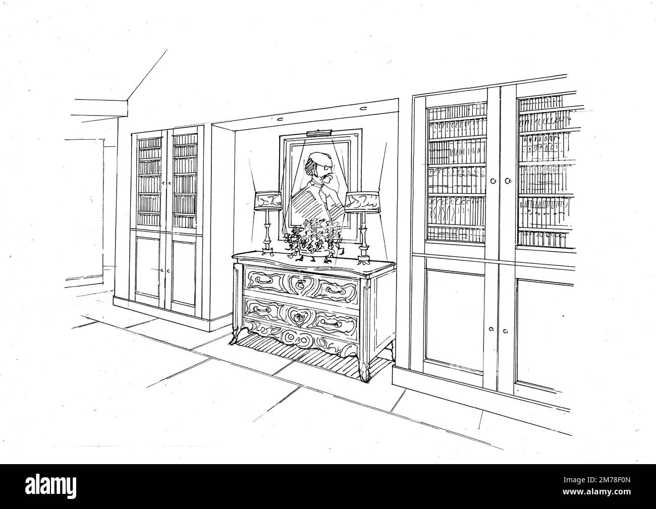 Black and white sketch of a hallway interior on a white background ...