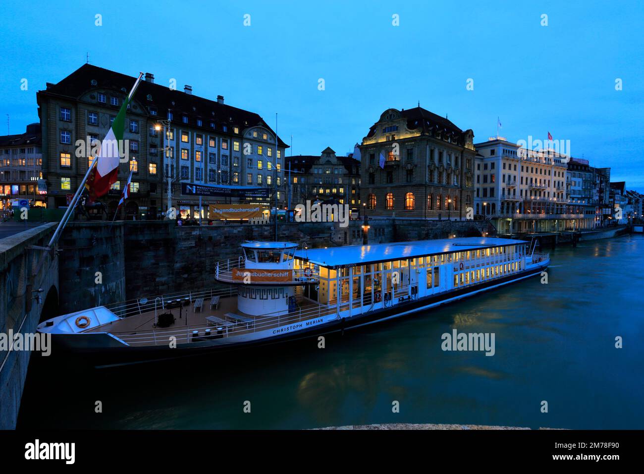 River cruise ship by the Mittlere Brücke bridge, river Rhine, city of ...