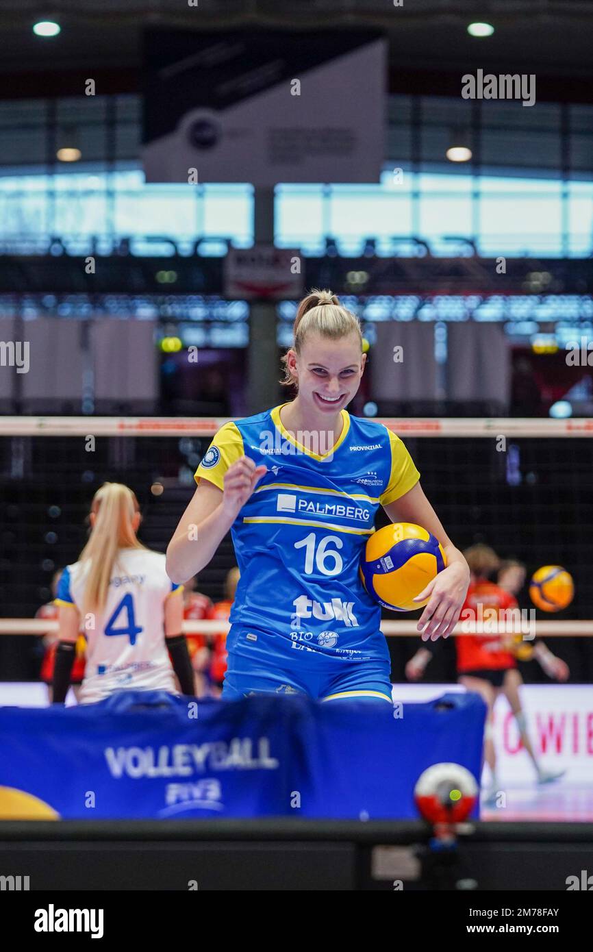 Koblenz, Germany. 08th Jan, 2023. Koblenz, Germany, January 8th 2023: Indy  Baijens (16 Palmberg Schwerin) during the mainround of the 1. Volleyball  Bundesliga Frauen match between VC Newied 77 and SSC Palmberg