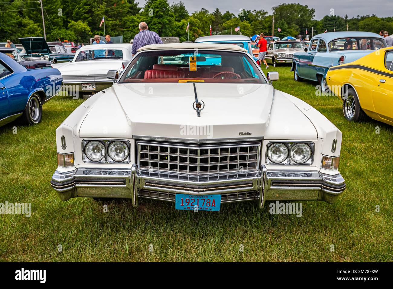 Iola, WI - July 07, 2022: High perspective front view of a 1973 Cadillac Eldorado Convertible at a local car show. Stock Photo