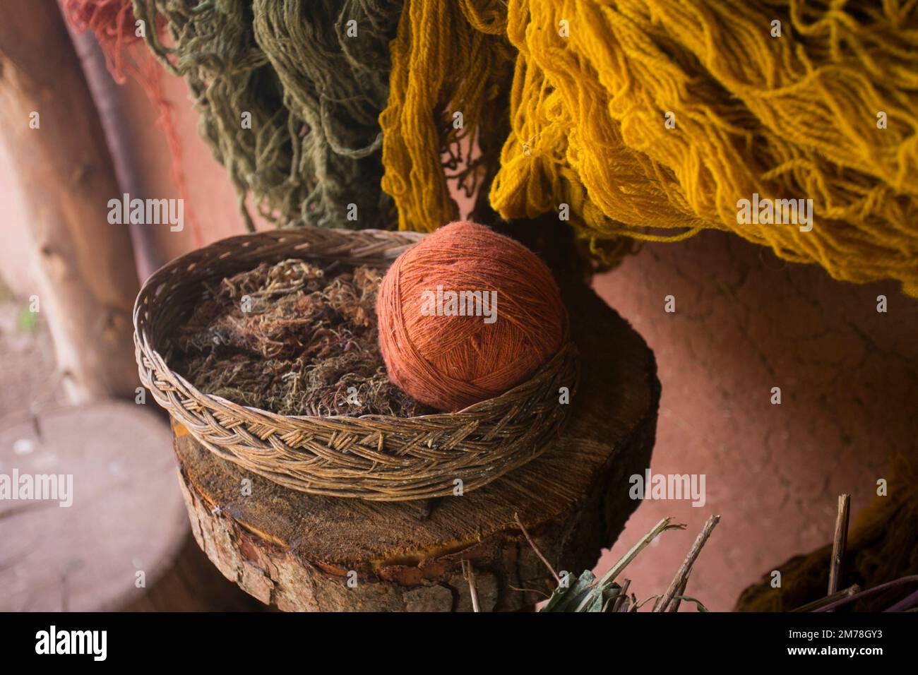 Material for the production of textile crafts in an indigenous community in Peru. Stock Photo