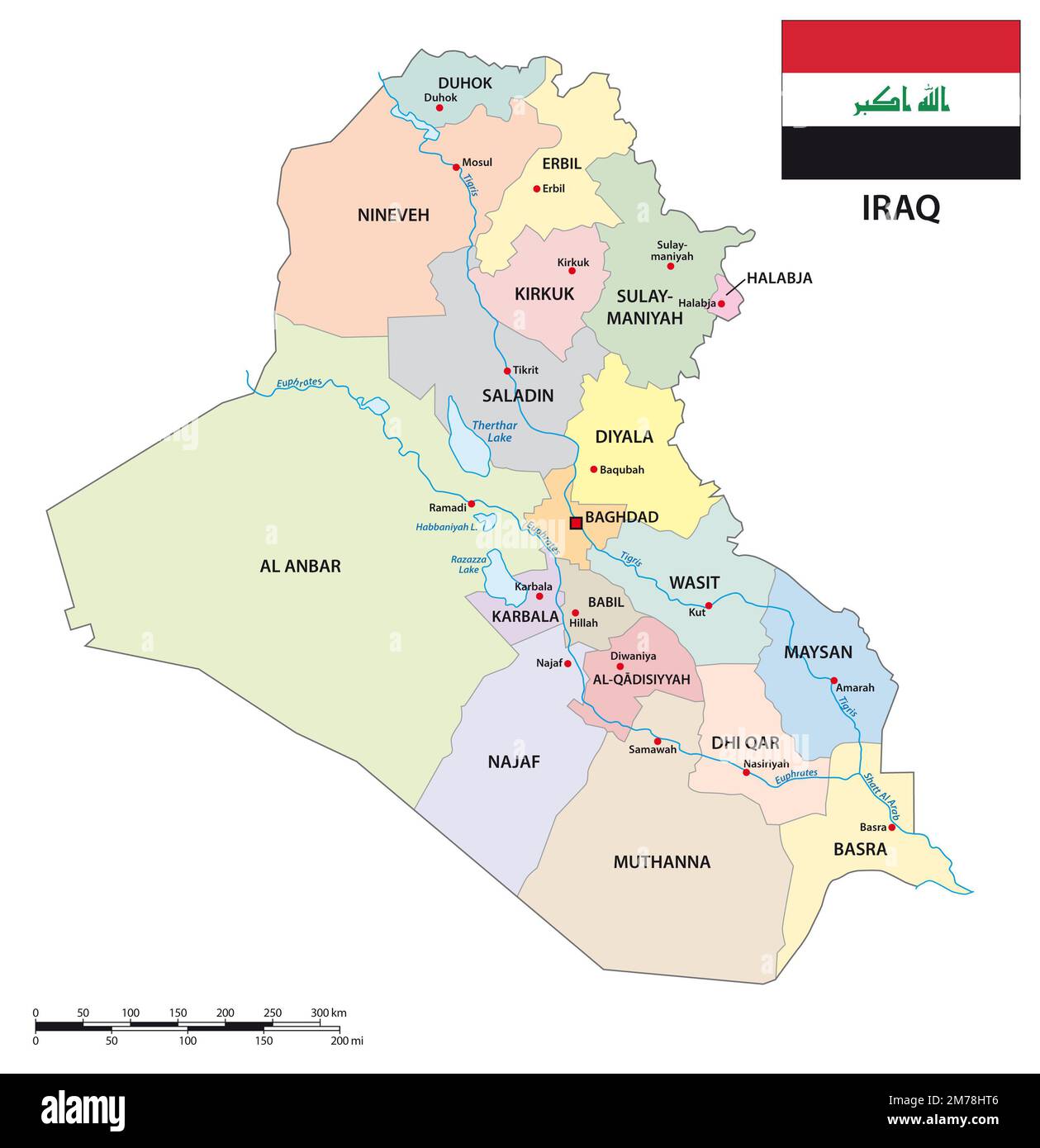 Republic of Iraq administrative vector map with flag Stock Photo