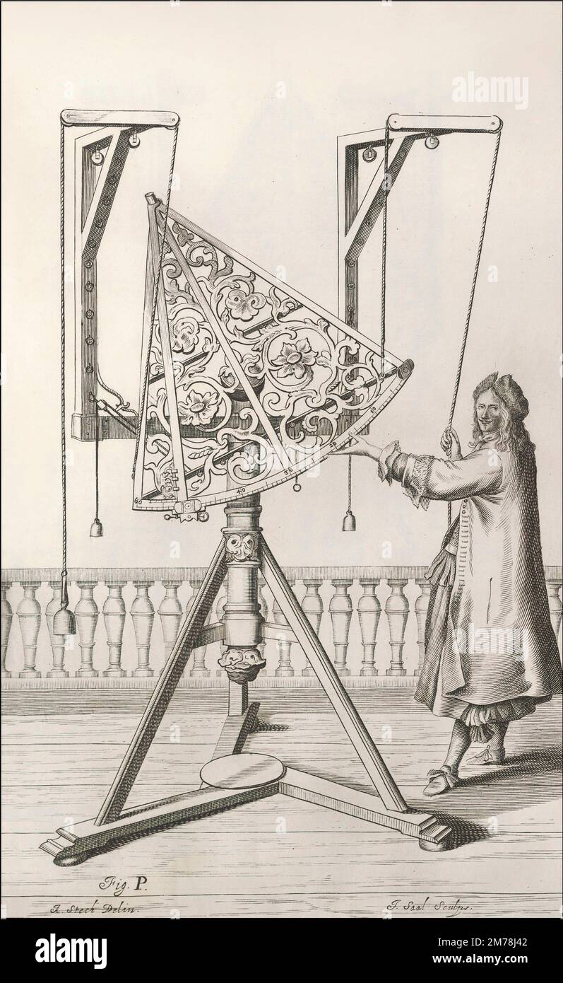 Observing the sky with a brass sextant, Machinae coelestis, 1673, Johannes Hevelius, Danzig Stock Photo