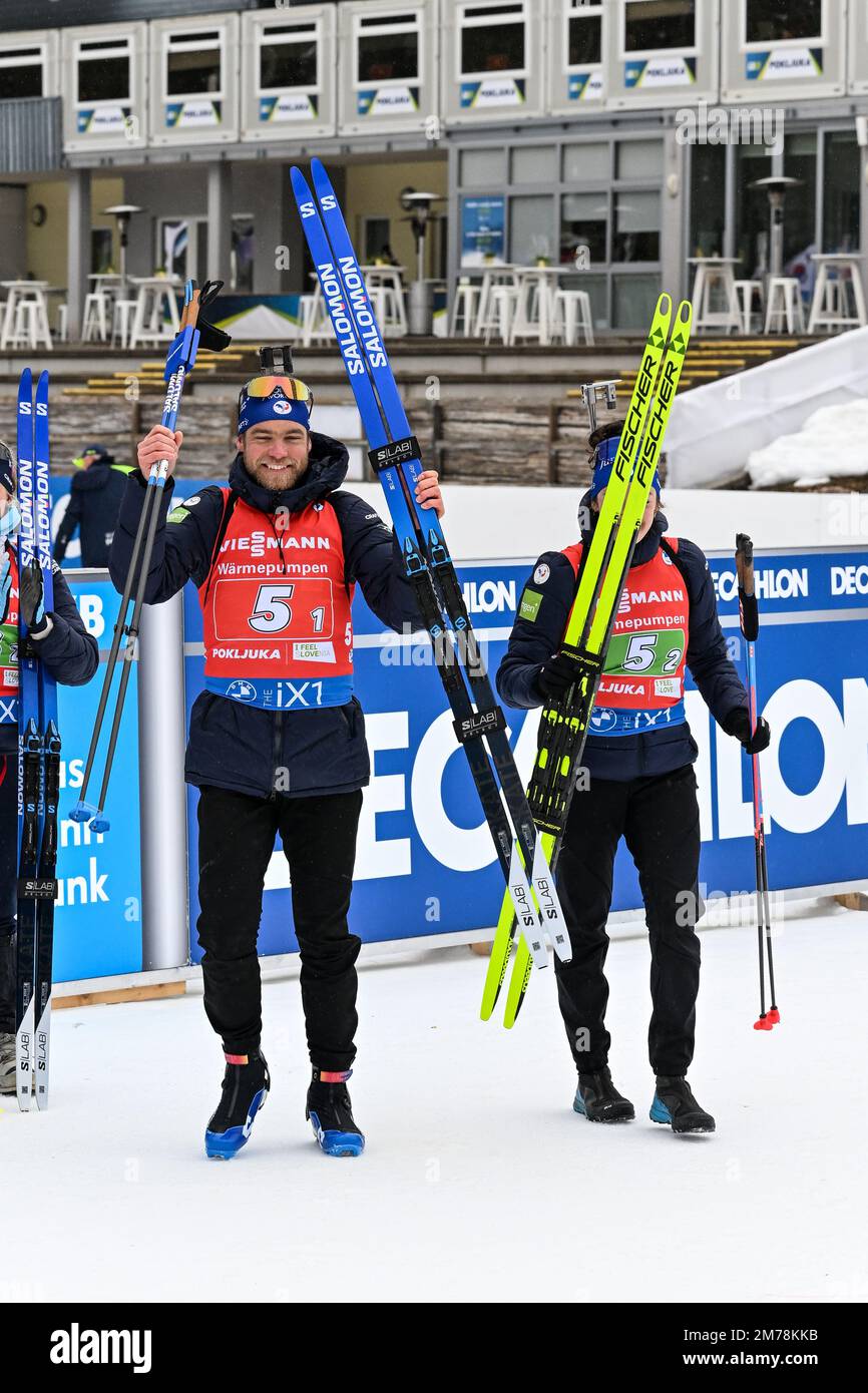 Antonin Guigonnat and Lou Jeanmonnot of France after finishing second in  the Single Mixed Relay competition at the Biathlon World Cup event in  Pokljuka. (Photo by Andrej Tarfila / SOPA Images/Sipa USA
