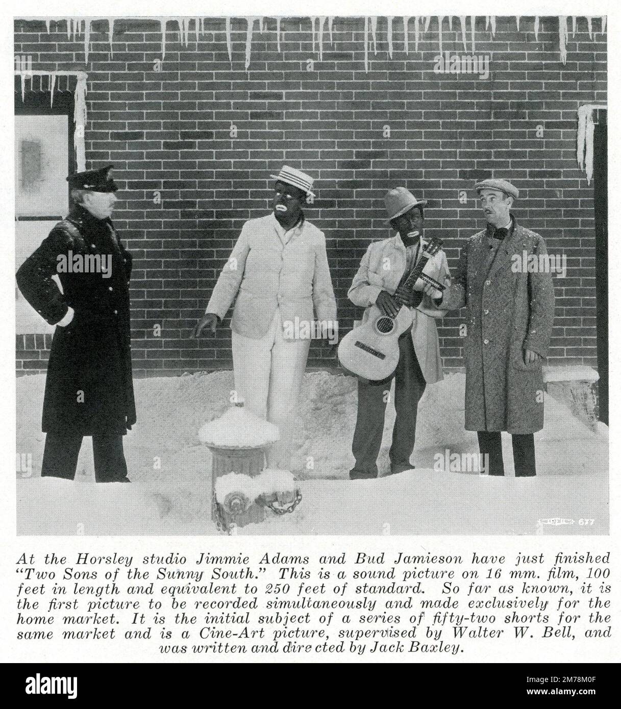 Advertisement  for comedians JIMMIE ADAMS and BUD JAMIESON in blackface in TWO SONS OF THE SUNNY SOUTH 1931 director / writer JACK BAXLEY supervised by Walter W. Bell for Cine-Art Pictures a 16mm Sound Film produced at the Horsley Studio in Los Angeles exclusively for the home movie market - from the March 1931 edition of the magazine THE INTERNATIONAL PHOTOGRAPHER (HOLLYWOOD) Volume 3 Number 2 Stock Photo