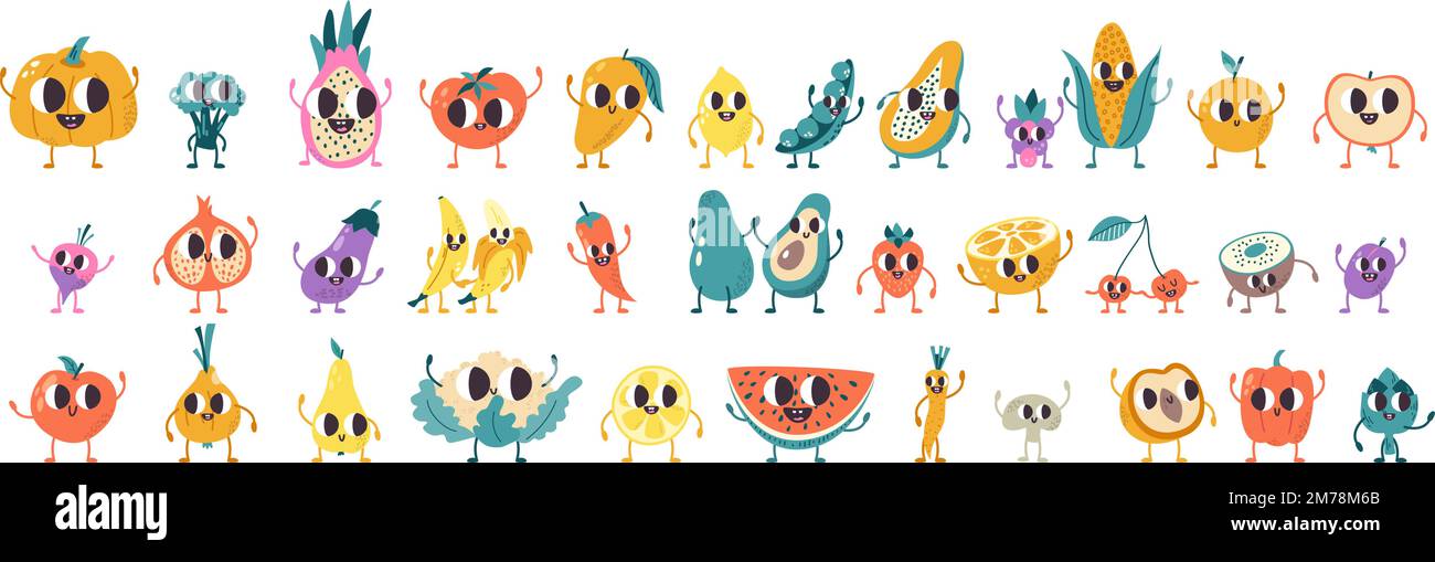 Cartoon fruits vegetables characters. Cute fruit, smile face vegetable. Kawaii food, fresh ingredients avocado, banana, watermelon. Snugly funny set Stock Vector