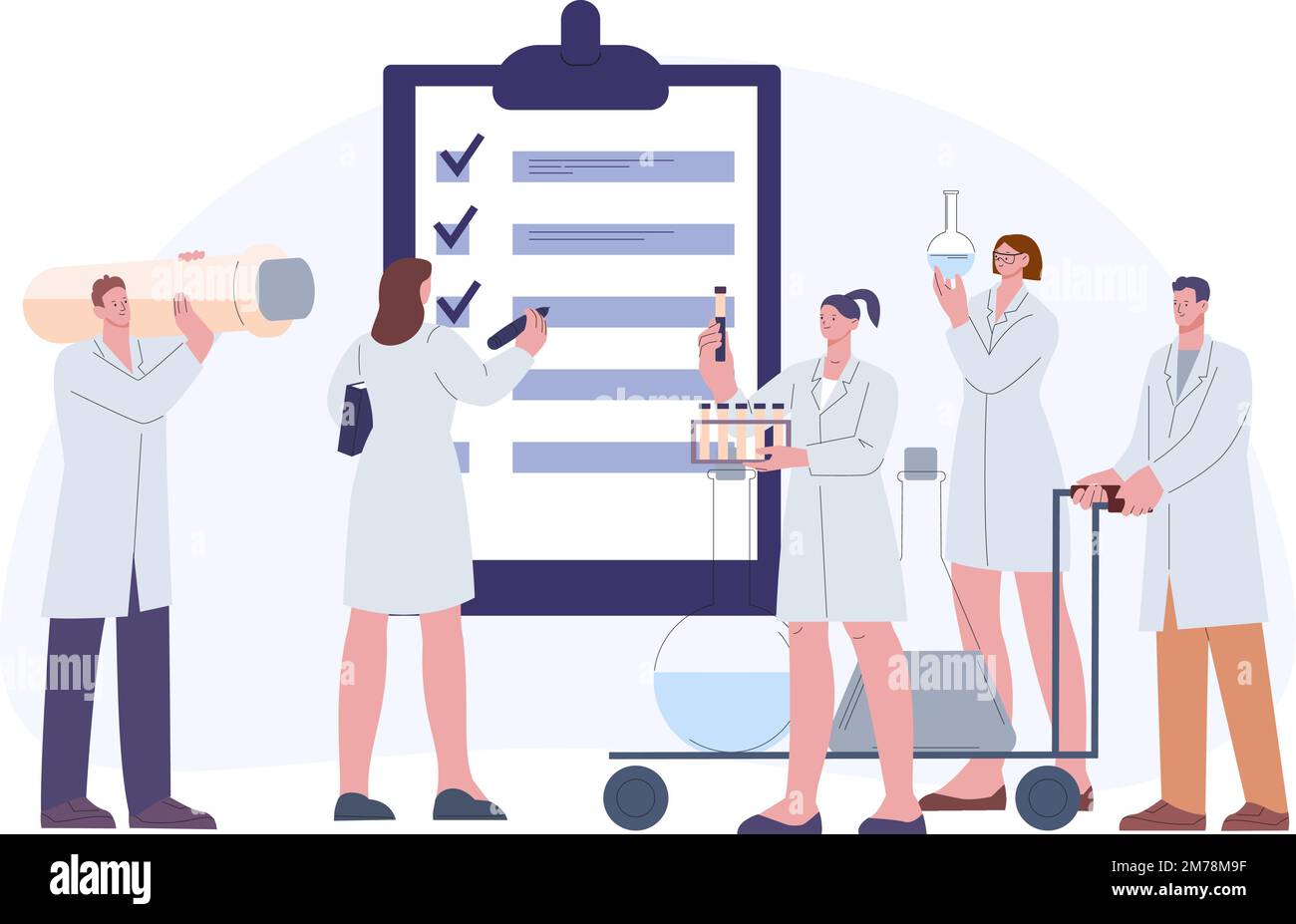 Pharmaceutical audit concept. Scientist with lab equipment and doctors