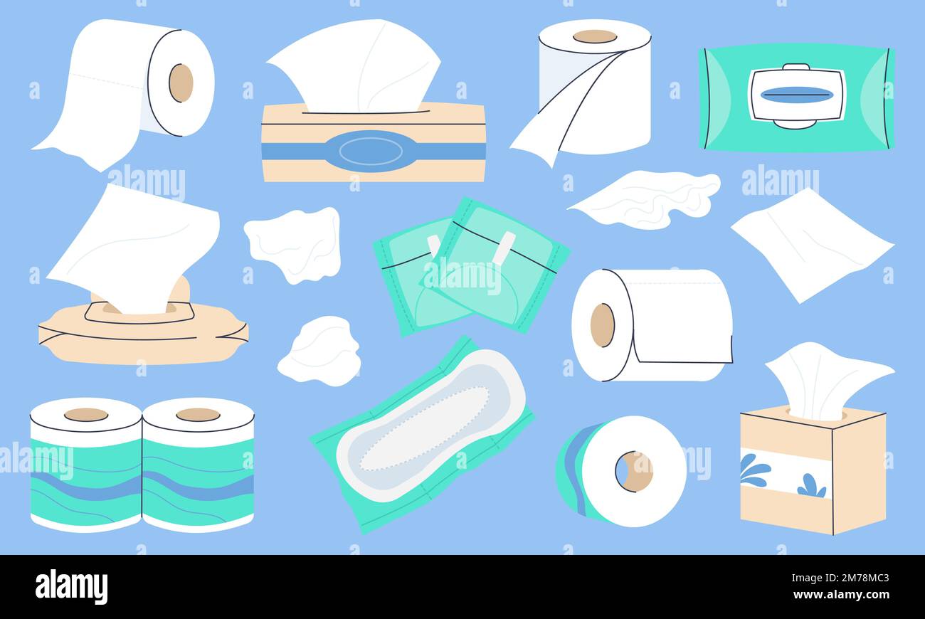 Tissue paper set. Toilet rolls, papers towel box. Wet and dry napkin or  doily. Facial and hands sanitary and self hygiene elements. Decent vector  Stock Vector Image & Art - Alamy