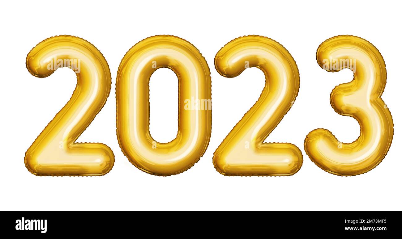 2023 text gold balloons, shining font type set isolated on white background Stock Photo