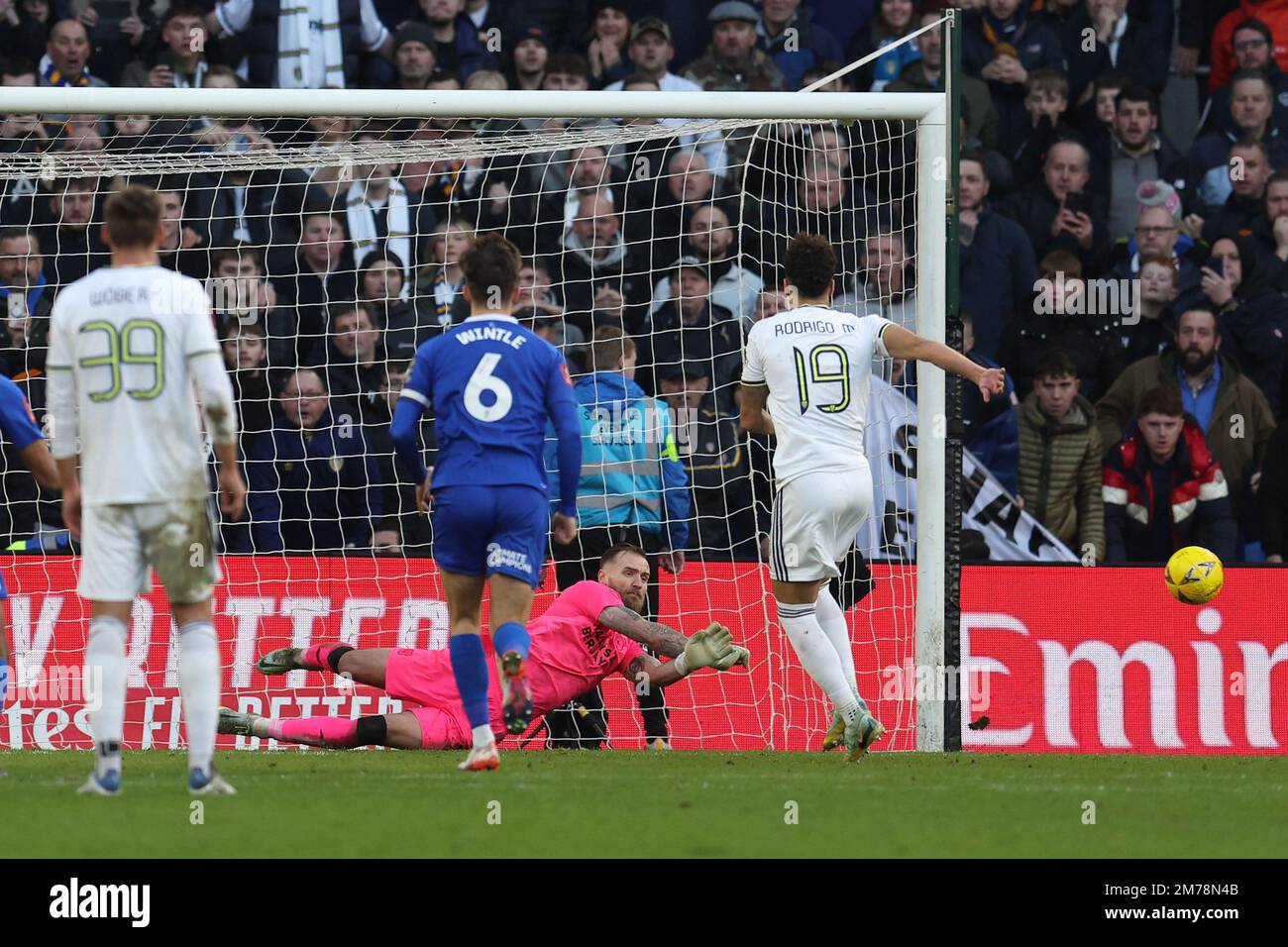 Cardiff, UK. 08th Jan, 2023. Jak Alnwick, the goalkeeper of Cardiff city saves a penalty taken by Rodrigo Moreno Machado of Leeds Utd (19) . Emirates FA Cup match, 3rd round, Cardiff city v Leeds Utd at the Cardiff City Stadium in Cardiff, Wales on Sunday 8th January 2023. this image may only be used for Editorial purposes. Editorial use only, license required for commercial use. No use in betting, games or a single club/league/player publications. pic by Andrew Orchard/Andrew Orchard sports photography/Alamy Live news Credit: Andrew Orchard sports photography/Alamy Live News Stock Photo