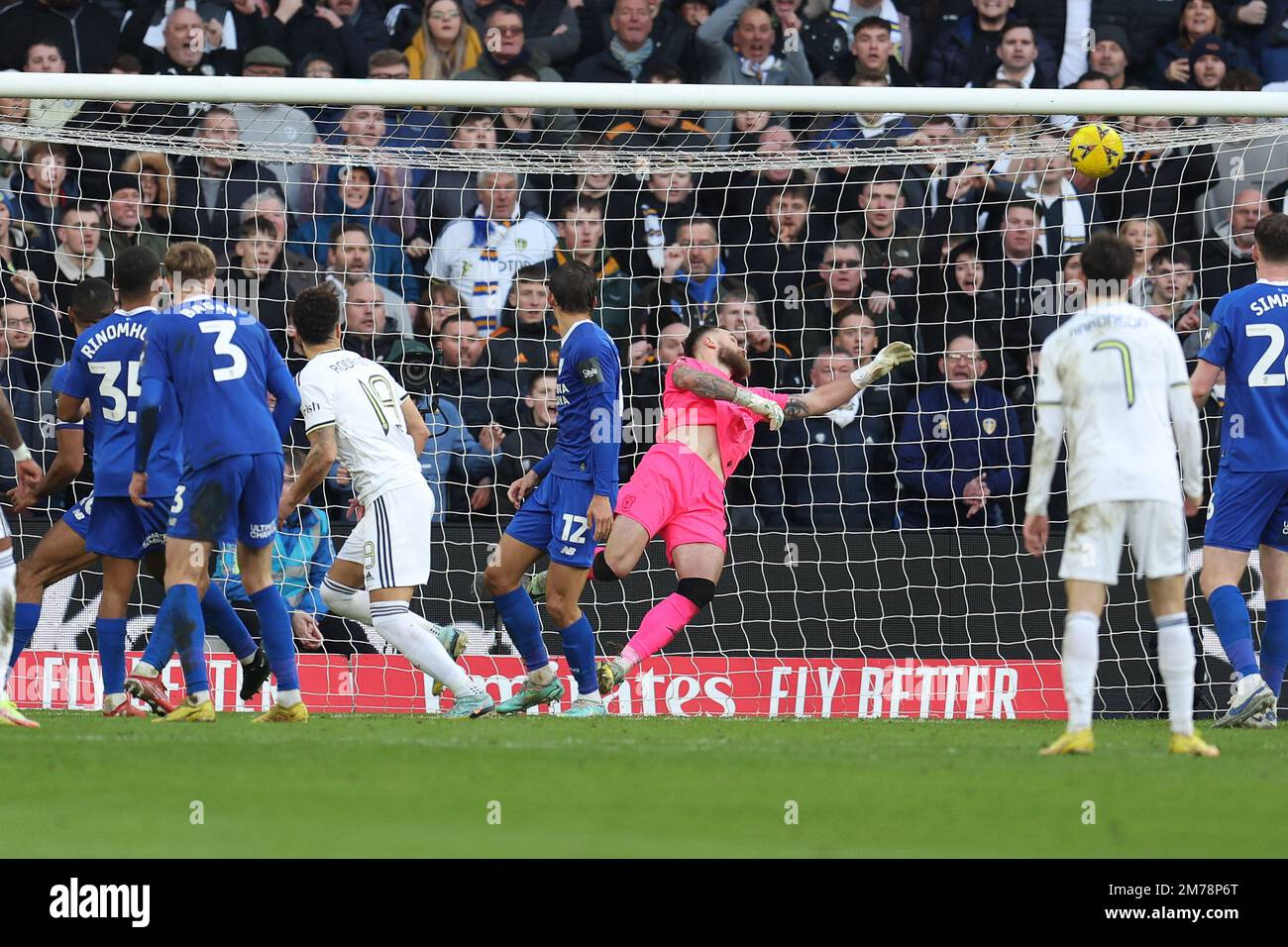 Cardiff, UK. 08th Jan, 2023. Rodrigo Moreno Machado of Leeds Utd (19) scores his teams 1st goal. Emirates FA Cup match, 3rd round, Cardiff city v Leeds Utd at the Cardiff City Stadium in Cardiff, Wales on Sunday 8th January 2023. this image may only be used for Editorial purposes. Editorial use only, license required for commercial use. No use in betting, games or a single club/league/player publications. pic by Andrew Orchard/Andrew Orchard sports photography/Alamy Live news Credit: Andrew Orchard sports photography/Alamy Live News Stock Photo