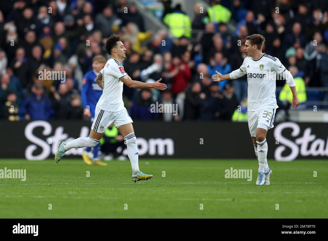 Cardiff, UK. 08th Jan, 2023. Rodrigo Moreno Machado of Leeds Utd (l) celebrates after he scores his teams 1st goal. Emirates FA Cup match, 3rd round, Cardiff city v Leeds Utd at the Cardiff City Stadium in Cardiff, Wales on Sunday 8th January 2023. this image may only be used for Editorial purposes. Editorial use only, license required for commercial use. No use in betting, games or a single club/league/player publications. pic by Andrew Orchard/Andrew Orchard sports photography/Alamy Live news Credit: Andrew Orchard sports photography/Alamy Live News Stock Photo