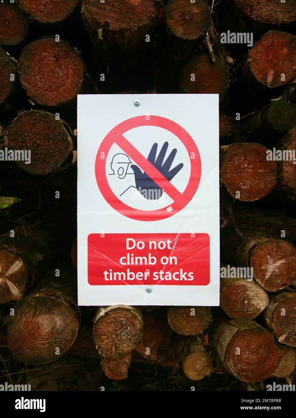 A sign in the timber yard advising people not to climb on the logs Stock Photo