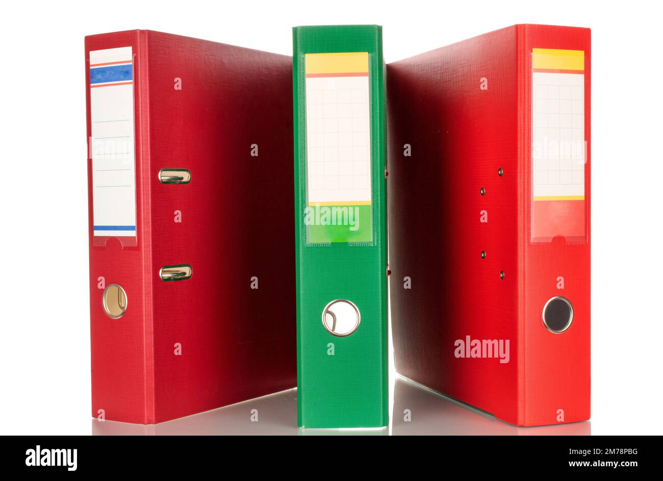 Three binder folders, macro, isolated on white background Stock Photo