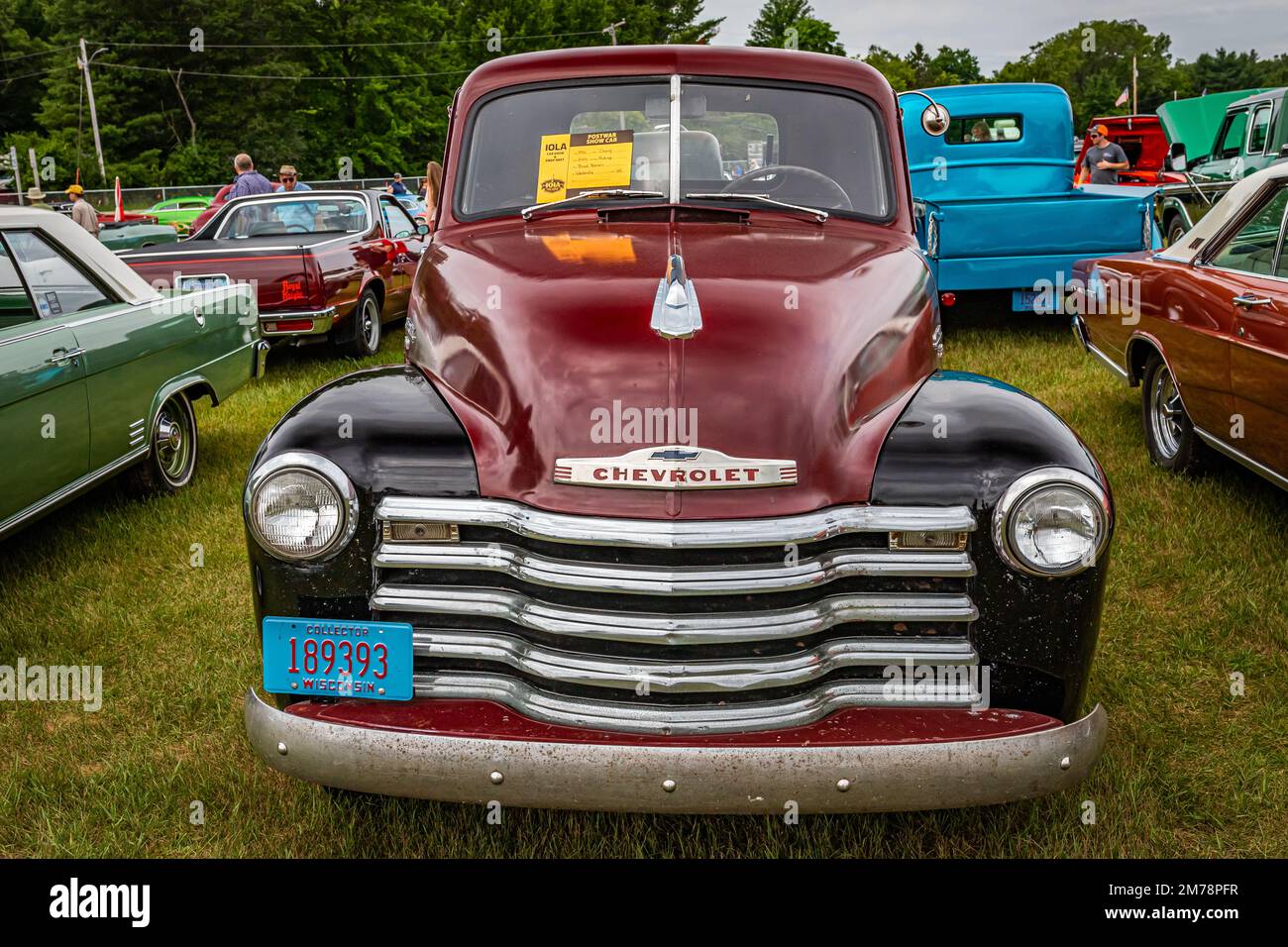 Iola, WI - July 07, 2022: High perspective front view of a 1951 Chevrolet 3100 Pickup Truck at a local car show. Stock Photo