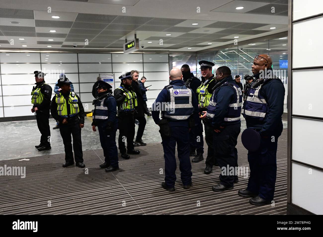 Chinatown, London, UK. 8th January 2023. Heavy police watching No trousers on the London Underground for No Trousers Day (No Pants) on the London Underground, London, England. Credit: See Li/Picture Capital/Alamy Live News Stock Photo